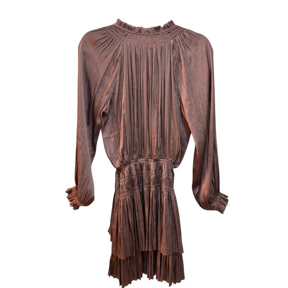 Reset Dress Womens Small Brown Pleated Smocked Waist Mini Long Sleeve Boho - Picture 2 of 5